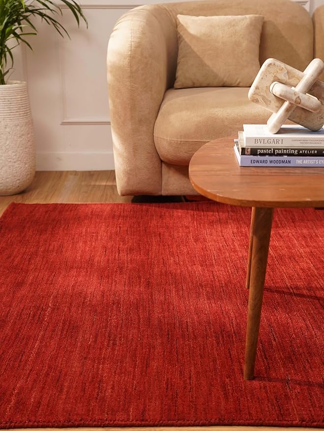Hand Knotted Loom Wool ECO-Friendly Area Rugs - 6'x6', Square, Red Color, Solid Plain Design, High Pile Thick Handmade Anti Skid Area Rugs for Living Room, Bed Room (L00111)