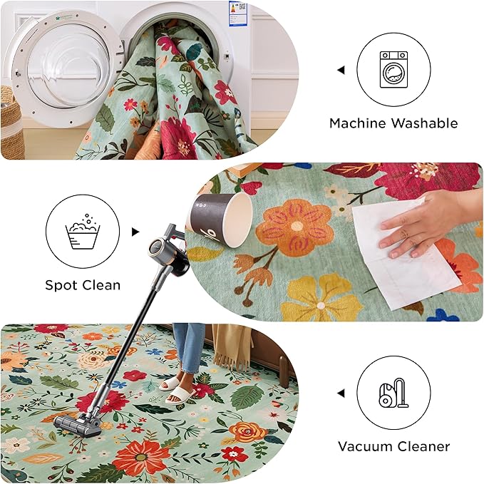 Rug Runners 2x6, Floral Green Washable Kitchen Rugs for Hallways Area Rugs, Non Slip Long Rug Low Pile Doormat Flower Carpet for Kitchen, Entryway Indoor, Bedroom, Bathroom, Laundry, Sage Green