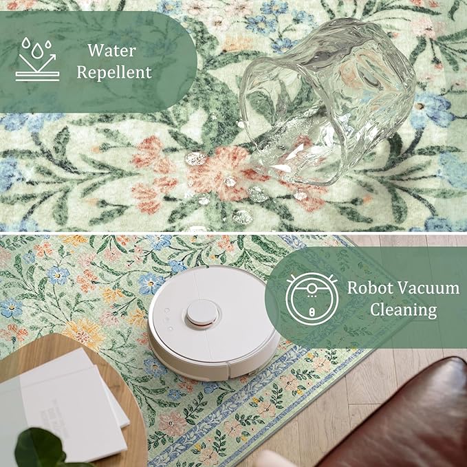 Morebes Boho Light Green Large Area Rugs for Bedroom, Floral Washable Area Rugs 9x12 Living Room Non Slip, Soft Thin Distressed Carpet for Nursery Girls Home Dinning Room Kids Playroom