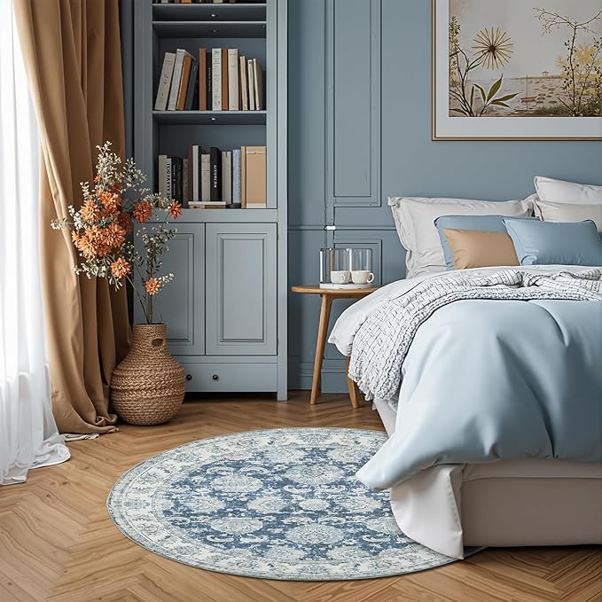 jinchan Fiora Round Rug 4ft Area Rug - Indoor Vintage Hallway Circle 4' Washable - Ultra-Thin Low Pile Soft Small Non Slip Distressed Floral Print for Living Room Bedroom Entryway Dark Blue