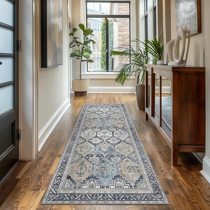 Bavni Runner Rug 2x10 Machine Washable Vintage Distressed Print Ultra-Thin Chenille Hallway Bedroom Kitchen Entrance Accent Rug, Low Pile Lightweight Non Slip with Gripper, Brown & Blue
