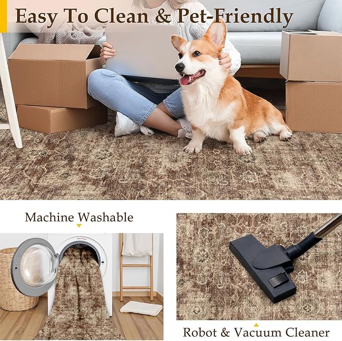 2x3 Washable Area Rug for Entryway Rust Vintage Non-Slip Low Pile Distressed Rustic Carpet Lightweight Vacuumable Inoor Door Mat Soft Small Throw Rug for Entrance Bathroom