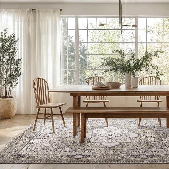 PURRUGS Vintage Farmhouse Boho Large Area Rug 8x10 ft, Non-Slip Machine Washable Rug, Accent Oriental Rug for Living Room, Dining Room, Bedroom, Entryway and Kitchen, Taupe/Vanilla