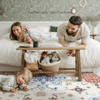 Phantoscope Washable Area Rug 5'x7' Non-Slip, Vintage Boho Rugs for Living Room, Bedroom, Dining Room, Medallion Persian Symmetrical Pattern, Low-Pile Foldable Floor Carpet, Ivory Blue/Orange