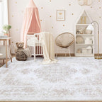 Area Rug 5x7 Living Room Rug, Machine Washable Vintage Distressed Medallion Rug Non-Slip Soft Low Pile Large Indoor Rugs for Bedroom Kitchen Dining Room Office(Beige,5'x7')