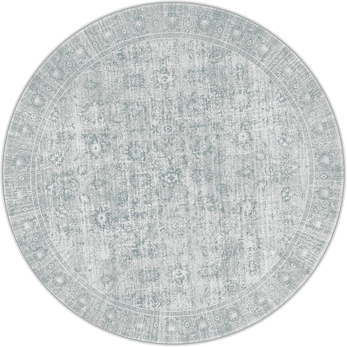 LIVEBOX Vintage Round Rug - Washable 5 Foot Large Oriental Circle Grey Rug for Living Room, Non-Slip Soft Carpet Low Pile Entryway Circular Rugs for Foyer Kitchen Kids Room