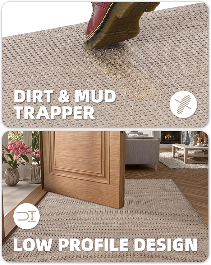 Color&Geometry Front Door Mat Indoor Non Slip Rubber Backing, 17"x30" Ultra Thin Entryway Doormat, Soft Absorbent Inside Doormat Washable Easy Clean Rugs for Entryway, Beige (Rolled-up NO Creases)