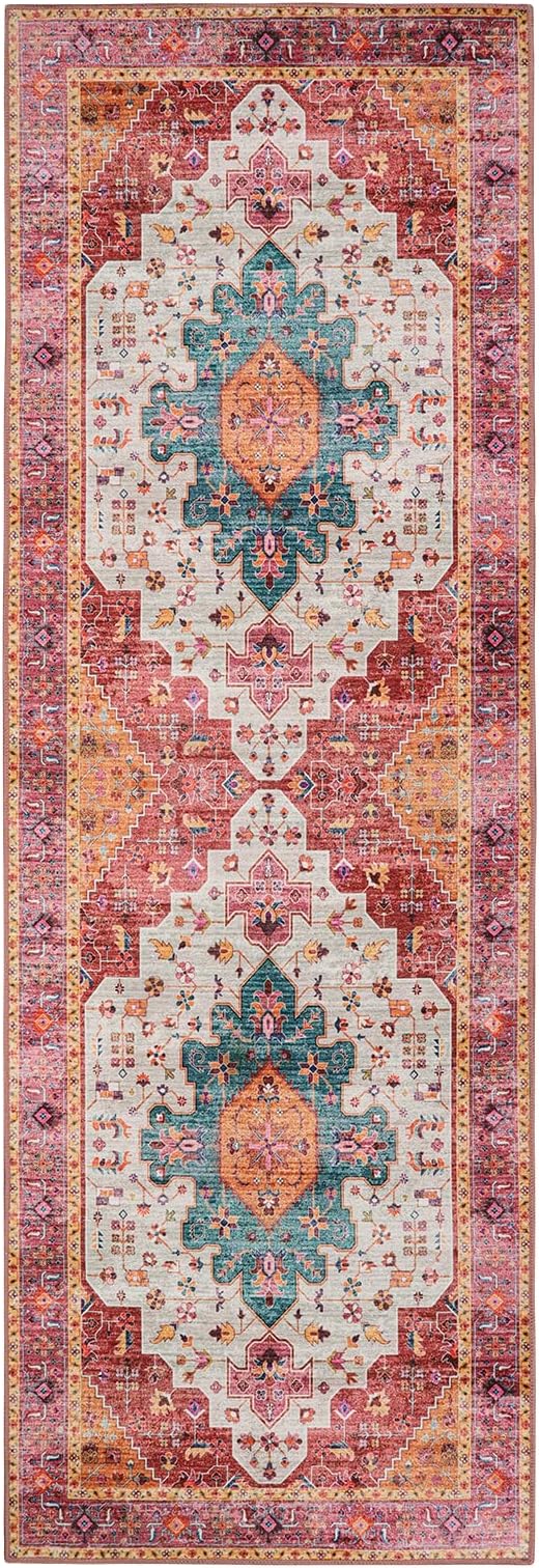 Moynesa Ultra-Thin Washable Pink Runner Rug - 2x6 Washable Long Hallway Rug Runner Kitchen Mat, Oriental Medallion Laundry Room Carpet Runner for Powder Dressing Room Cabinet Bedside Bathroom