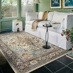 4x6 Machine Washable Area Rug for Living Room, Blue Beige Boho Vintage Floral Rug Large Non-Slip Low Pile Soft Faux Wool Carpet, Kids and Pets Friendly for Bedroom Dining Room Farmhouse Decor Rug
