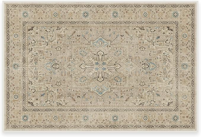 RUGGABLE Washable Vintage Area Rug – Kamran Ivory Opal 2x3, Stain-Resistant, Non-Slip – Small Machine Washable Rugs for Living Room, Bedroom, Hallway, Entryway & Bathroom–with Standard Pad