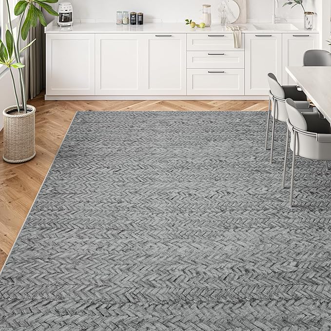 Eleisa Modern Vintage 10x14 Herringbone Chevron Area Rug, Non-Slip Stain Resistant Washable Rug, Light Grey Large Rug for Living Room, Farmhouse Carpet for Bedroom, Kitchen, Dining Room, Home Office