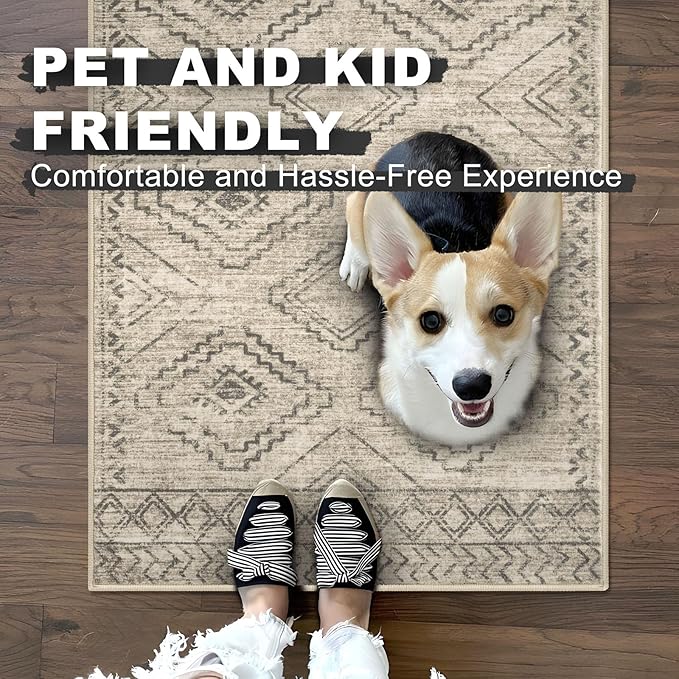 KILOCOCO Hallway Runner Rug 3'x8' Runners for Hallways Washable Runner Rug Non Slip Rubber Backed Low-Pile Runners for Bedroom Kitchen Living Room Laundry Room Boho Rugs, Beige/Gray/Green