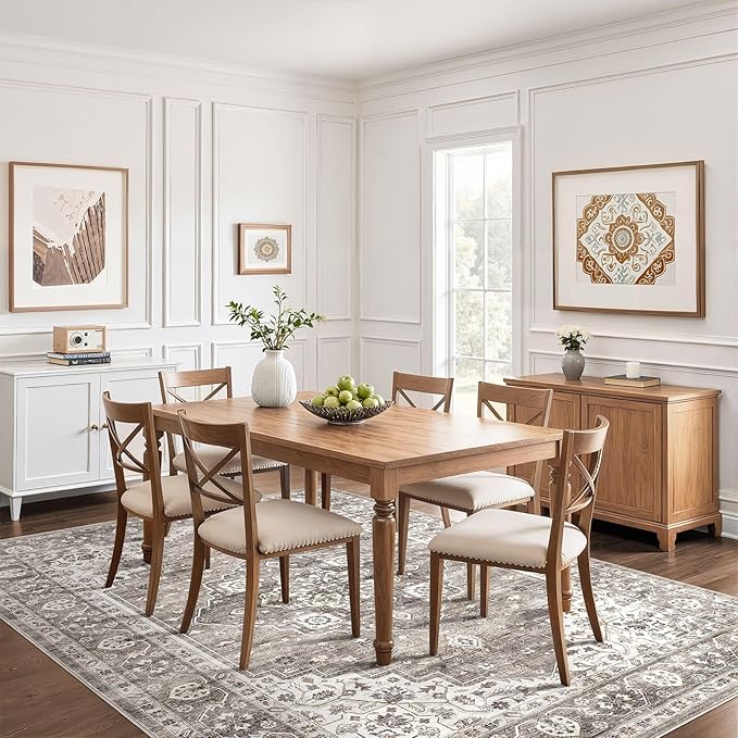 7x9 Area Rug Living Room: Washable Boho Large Neutral Vintage Soft Rugs Stain Resistant Farmhouse Non-Slip Indoor Rustic Floor Carpet for Bedroom Nursery Kids Playroom Office Dining Room- Dark Brown