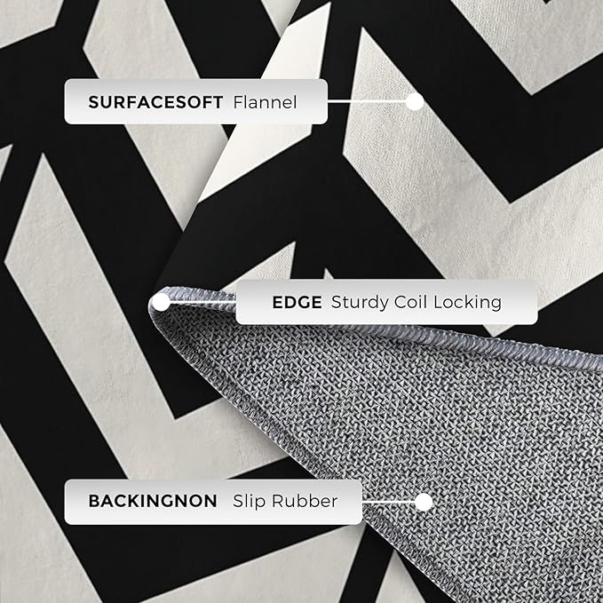 5x7 Black and White Chevron Rugs for Bedroom Decor, Washable Chevron Geometric Pattern Area Rug, Living Room Home Decoration, Non Slip Soft Thin, Modern Zigzag Decor Carpet PF-P 49