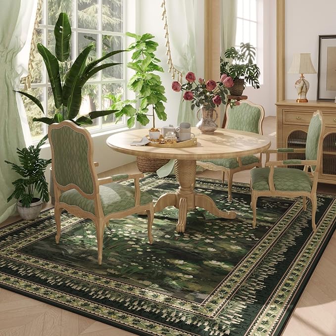 Rugcomf Area Rugs 9x12 Living Room Clearance Impressionist-Style Vintage Washable Rug Non Slip Low Pile Large Rug for Bedroom Farmhouse Dining Room Kids Playroom, Green