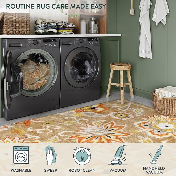 Lahome Floral Washable Living Room Carpet - 3x5 Throw Area Rug for Bedroom Non-Slip Lightweight Indoor Entryway Rugs, Tan Paisley Print Aesthetic Rug for Bathroom Laundry Dining Room Kithchen Office