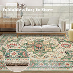 Area Rug 5x7 Washable Rug, Vintage Boho Medallion Rugs Non-Slip Soft Low Pile Large Distressed Rug Indoor Retro Carpet for Living Room Bedroom Dining Room Home Office (Green Beige, 5'x7')