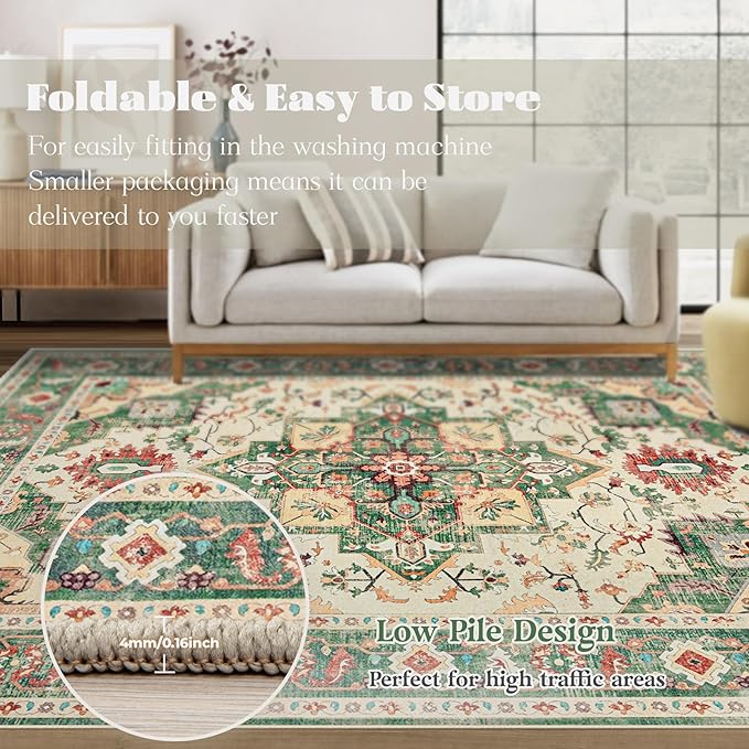 Area Rug 5x7 Washable Rug, Vintage Boho Medallion Rugs Non-Slip Soft Low Pile Large Distressed Rug Indoor Retro Carpet for Living Room Bedroom Dining Room Home Office (Green Beige, 5'x7')