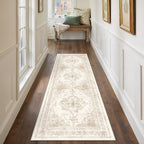 Runner Rug 2x7 Cream Hallway Washable Beige Carpet Non Slip Vintage Medallion Beige Carpet Low Pile Soft Distressed Retro Indoor Long Rug for Entryway Kitchen Bathroom Laundry Bedroom
