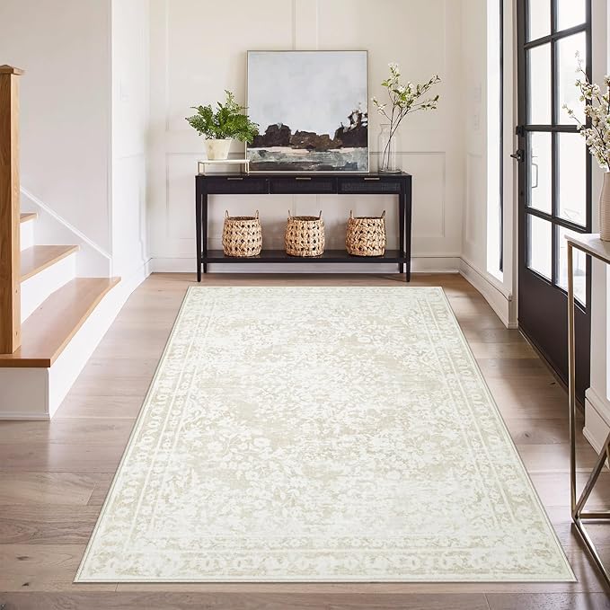 Area Rug 3x5 Entryway Rugs - Machine Washable Vintage Boho Area Rug Non-Slip Kitchen Rugs Soft Stain Resistant Indoor Door Mat, Small Floral Throw Rug for Entrance Hallway Bedroom(Cream Beige, 3'x5')