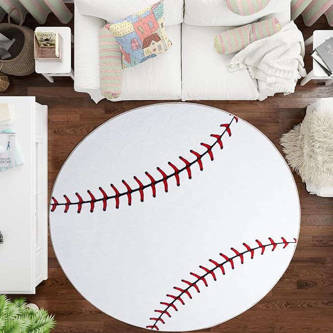 Soft Round Rugs for Bedroom, Baseball Rug for Boys, Bedside Area Kids Carpet, Baseballs Lovers Home Decor Indoor Circle Carpets for Living Room, Nursery, Dorms Machine Washable, 6ft Inch