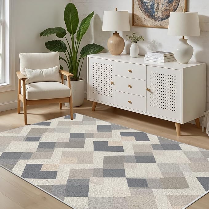 Modern Area Rug Living Room Rugs 5x7, Minimalist Soft Boho Geometric Rug, Non-Slip Washable Low Pile Non Shedding Carpet for Bedroom Office Dining Room Kitchen Nursery, Gray Beige White
