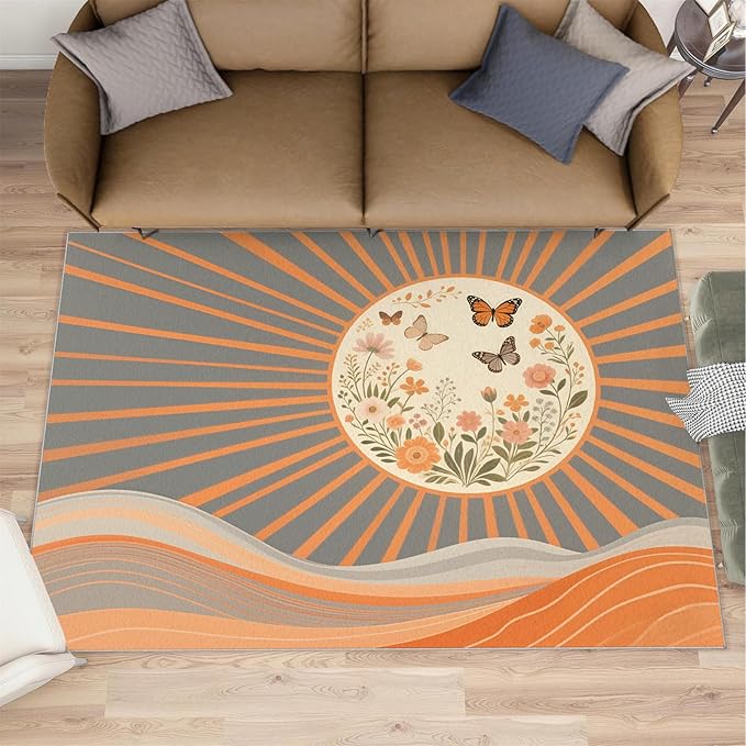 Boho Sun Runner Rugs 2x4ft, Minimalist Line Small Entryway Mats, Geometric Solar Laundry Room Rug Non Slip Durable Throw Rugs for Front Door Bedroom Bedside