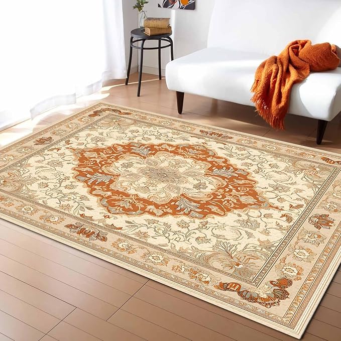 Orange Bohemian Rectangular Area Rugs for Living Room Bedroom 2.8 x 5 ft Vintage Farmhouse Floral Pattern Non-Shedding Soft Low Pile Rug Non Slip Washable Rug for Nursery Entryway Playroom
