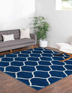 Rugs.com Lattice Frieze Collection Rug – 4' Square Navy Blue Medium Rug Perfect for Living Rooms, Kitchens, Entryways
