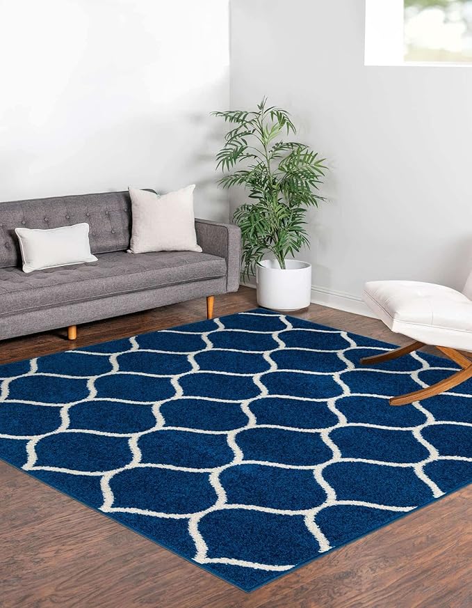 Rugs.com Lattice Frieze Collection Rug – 5' Square Navy Blue Medium Rug Perfect for Living Rooms, Kitchens, Entryways