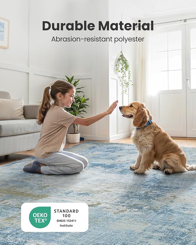 8x10 Area Rugs for Living Room, Modern Abstract Washable Rug with Non-Slip Backing & Low Pile, Large Washable Rug with Abstract Pattern for Bedroom, Dinning Room, Home Office, Light Blue
