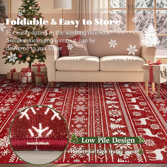Christmas Rug 8x10 Washable Rugs, Boho Christmas Tree Snowflake Rug Non-Slip Soft Low Pile Non Shedding Indoor Holiday Decor Carpet for Living Room Bedroom Dining Room Home Office (Xmas Red, 8'x10')
