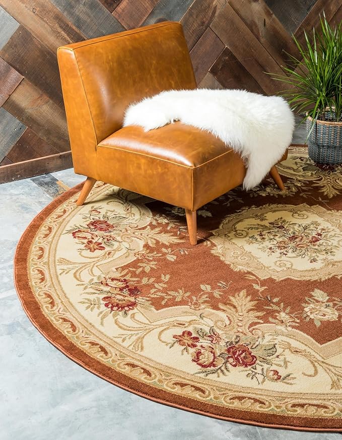 Rugs.com Chateau Collection Rug – 8 Ft Round Brick Red Medium Rug Perfect for Kitchens, Dining Rooms