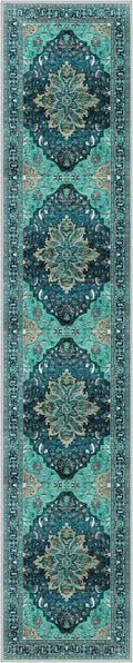 Area Rugs 2'6''x12' Washable Non-Slip, Floral Vintage Distress Print Pattern Medallion Carpet for Living Room Bedroom Dining Room, Teal Green Lake Blue Turquoise