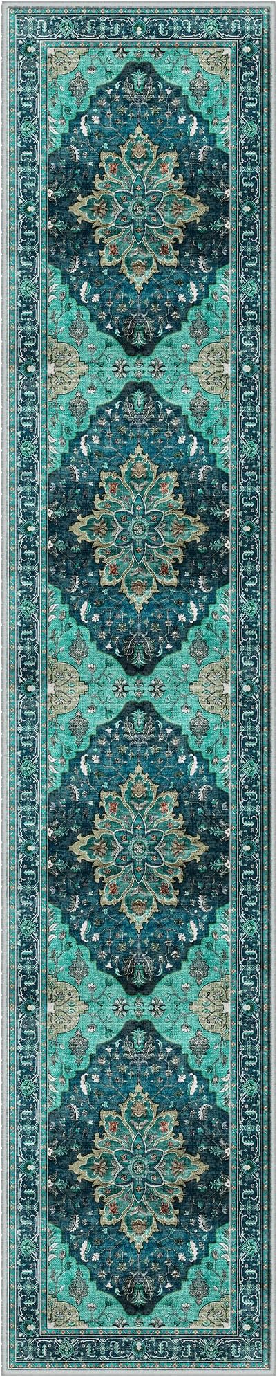 Area Rugs 2'6''x12' Washable Non-Slip, Floral Vintage Distress Print Pattern Medallion Carpet for Living Room Bedroom Dining Room, Teal Green Lake Blue Turquoise