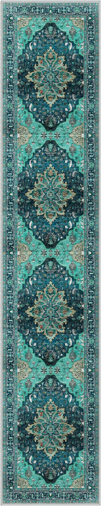 Area Rugs 2'6''x14' Washable Non-Slip, Floral Vintage Distress Print Pattern Medallion Carpet for Living Room Bedroom Dining Room, Teal Green Lake Blue Turquoise