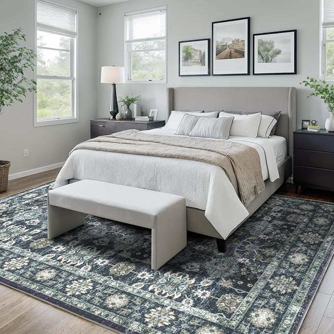Washable 9×12 Area Rug for Living Room, Vintage Floral Rug Soft Non Slip Stain Resistant Boho Carpet for Indoor Bedroom Dinning Room Home Office Blue/Navy
