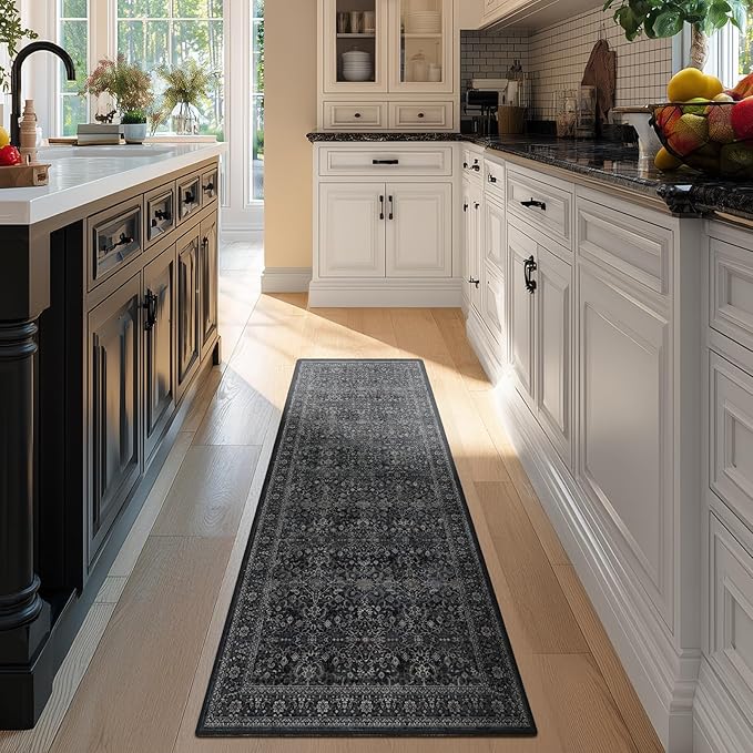 Charcoal Black 2x6 Runner Rug for Hallways Entryway, Vintage Earth Tone Kitchen Bathroom Runner 6ft, Non Slip Washable Low Pile Thin Carpet Runner for Mudroom/Laundry Room/Bedroom Bedside