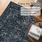 Distressed Black Rugs for Living Room 6x9, Low Pile Thin Area Rugs for Bedroom Manchine Washable Non Slip, Dark Medallion Pinted Carpet for Dining Room Guest Room Home Office