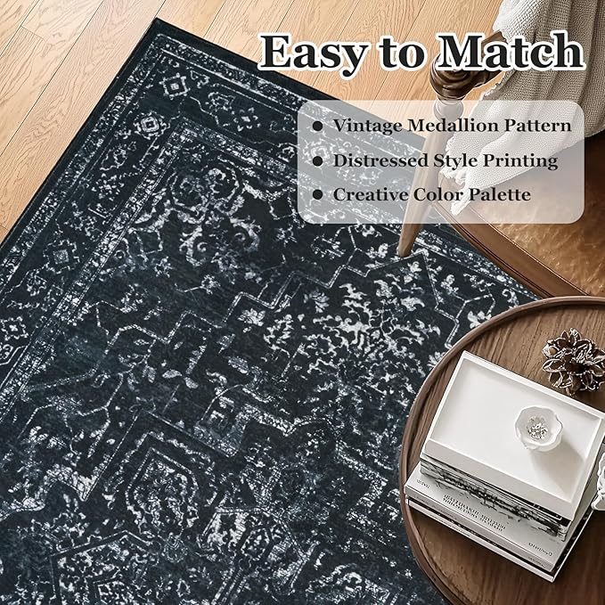 Black Distressed 3x5 Area Rugs for Entryway Foyer, Washable Non Slip Low Pile Throw Rugs for Kitchen, Dark Vintage Medallion Pinted Carpet for Bedroom/Bathroom/Closet/Dorm/Home Office