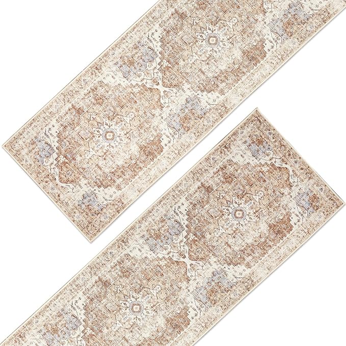 jinchan Kelda Runner Rug 2x8-2pcs Hallway Rug Kitchen Washable Runner Vintage Mat Retro Lightweight Non-Slip Floor Cover Distressed Thin Carpet for Entryway Bathroom Bedroom Laundry Room Brick Red