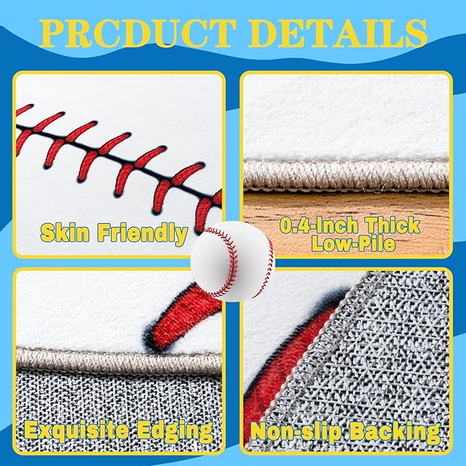 Soft Baseball Rugs for Bedroom, Machine Washable, Cute Bedside Boys Area Rug for Kids Toddlers Teens, Baseballs Lovers Home Decor Indoor Carpet for Living Room, Dorms, Nursery 4x5 Ft