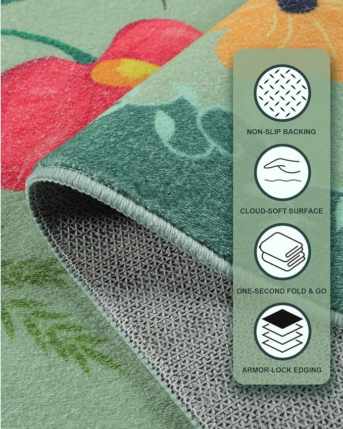 Boho Floral Runner Rug 2x6, Washable Non-Slip Kitchen Rug, Ultra Soft Vintage Carpet for Hallways, Kitchen, Bedroom, Bathroom (Green)