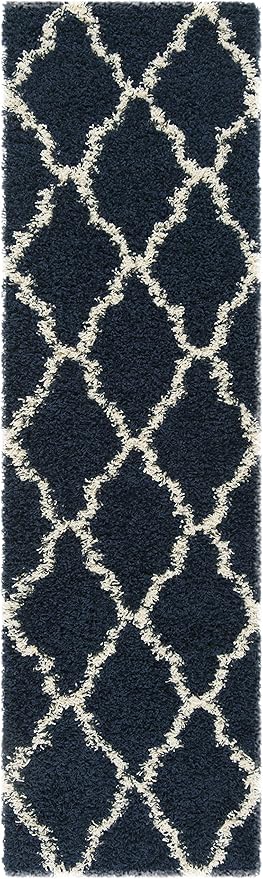 SAFAVIEH Dallas Shag Collection Runner Rug - 2'3" x 20', Navy & Ivory, Trellis Design, Non-Shedding & Easy Care, 1.5-inch Thick Ideal for High Traffic Areas in Living Room, Bedroom (SGD257N)