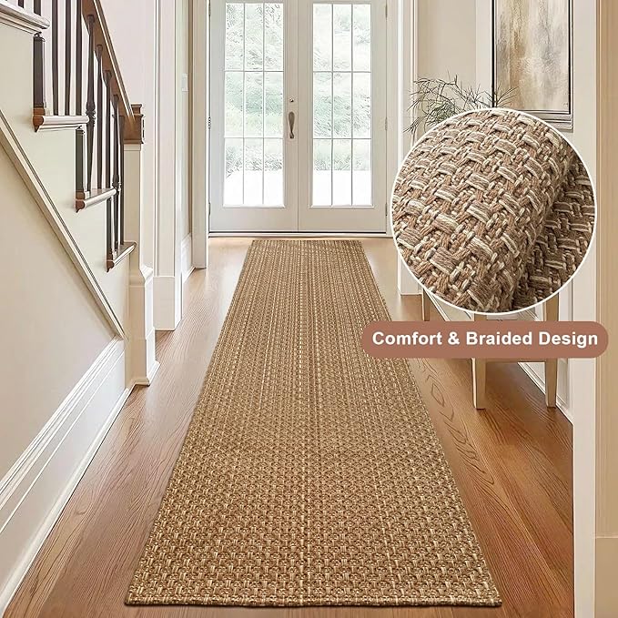 Bathroom Runner Rug,Boho 2x6 ft Hallway Runner,Braided Style Neutral Kitchen Runner Rugs,Faux Jute Rug with Rubber Backing,Machine Washable Solid Entryway Runner Non Slip,Light Brown