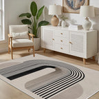 Modern Washable Rug for Living Room 8x10, Boho Abstract Striped Area Rugs, Soft Non Slip Low Pile Farmhouse Carpet for Bedroom Dining Room Kitchen, Stain Resistant, Pet Friendly, Beige Black