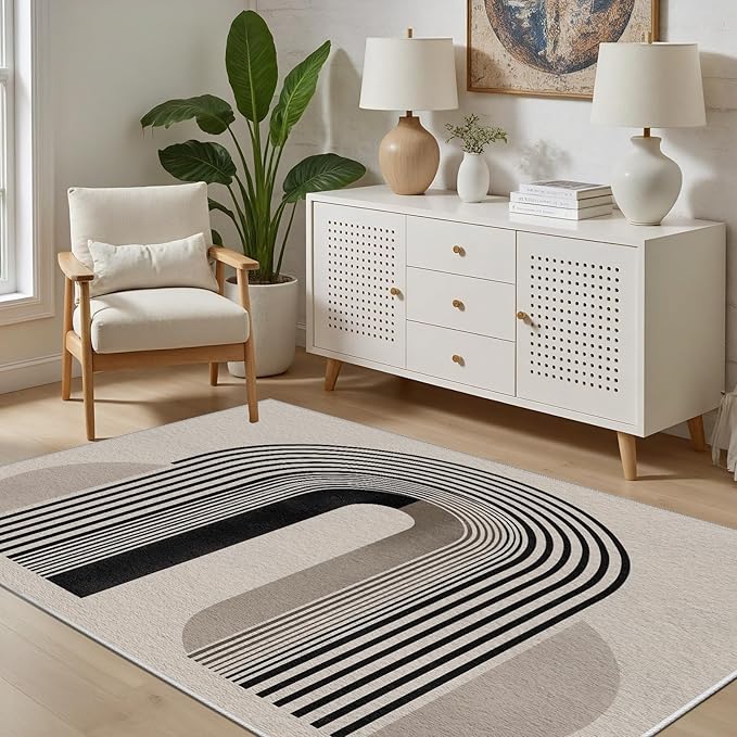 Modern Washable Rug for Living Room 2x3, Boho Abstract Striped Area Rugs, Soft Non Slip Low Pile Farmhouse Carpet for Bedroom Dining Room Kitchen, Stain Resistant, Pet Friendly, Beige Black