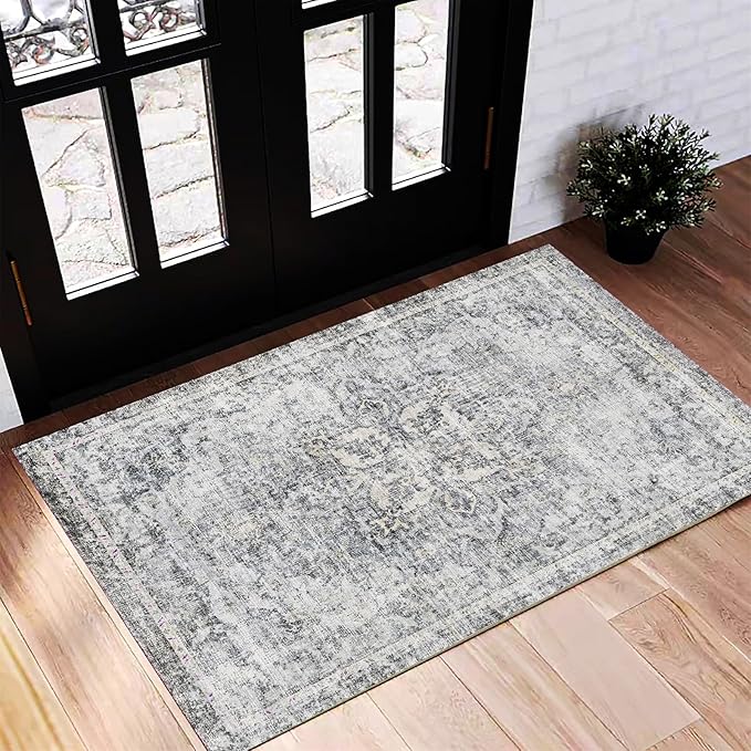 Washable Area Rug 2'x3' Door Mat Vintage Distressed Doormat Indoor Entrance Traditional Thin Rug Floral Print Non Slip Carpet for Kitchen Bathroom Bedroom Living Room
