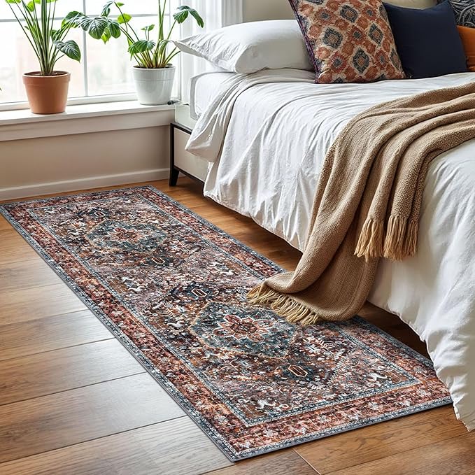 KOZYFLY Runners for Hallways 2x6 Ft Washable Kitchen Runner Rug Boho Runner Rug for Entryway Indoor Printed Oriental Faux Wool Floor Carpet Runner for Bedroom Kitchen Hall, Brick Red/Orange/Green