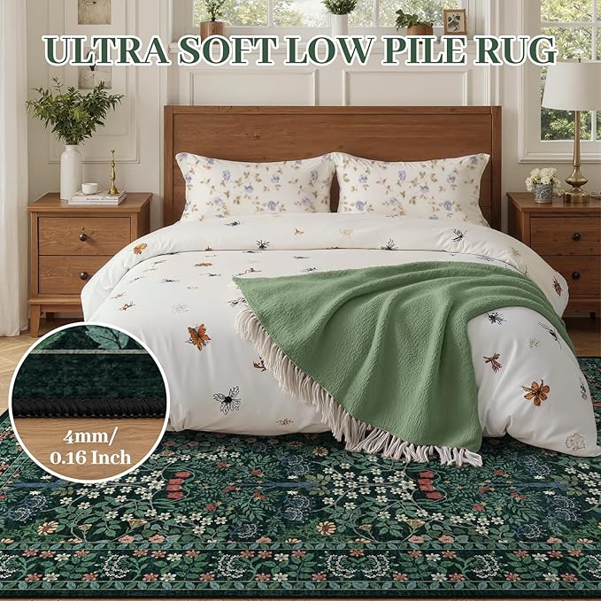 5x7 Area Rugs Living Room Rug - Floral Vintage Morris-Inspired Washable Carpet, Low Pile Non-Shedding Stain Resistance Boho Soft Carpet for Bedroom, Dining Room, Office, Farmhouse (5'x7' Dark Green)